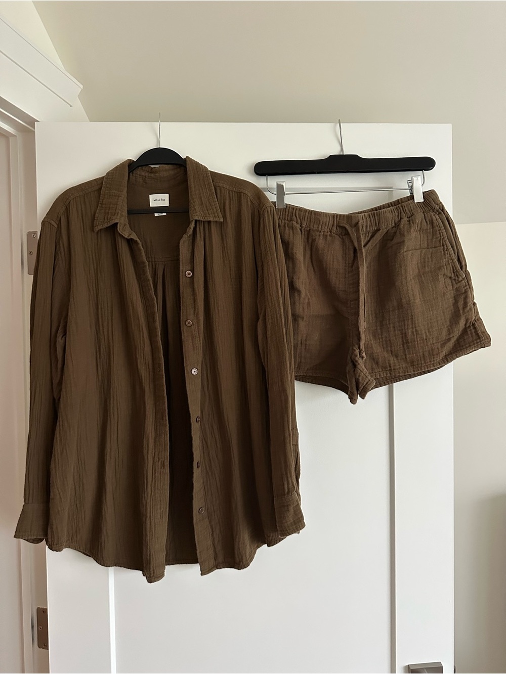 Aritzia Olive Gauze Button-Up Shirt & Elastic Shorts Set